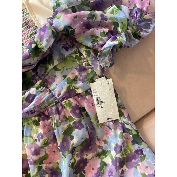NWT Floral Print Puff Sleeve Tie Back Fit-And-Flare Dress Size XS Purple Blue - Picture 8 of 8